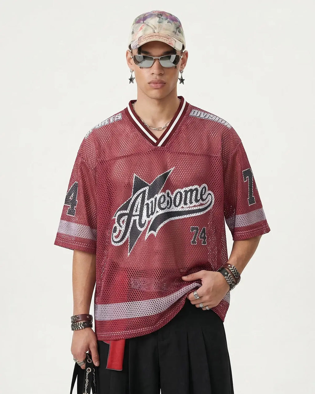 V-neck Graphic Mesh Jersey | Flation Streetwear