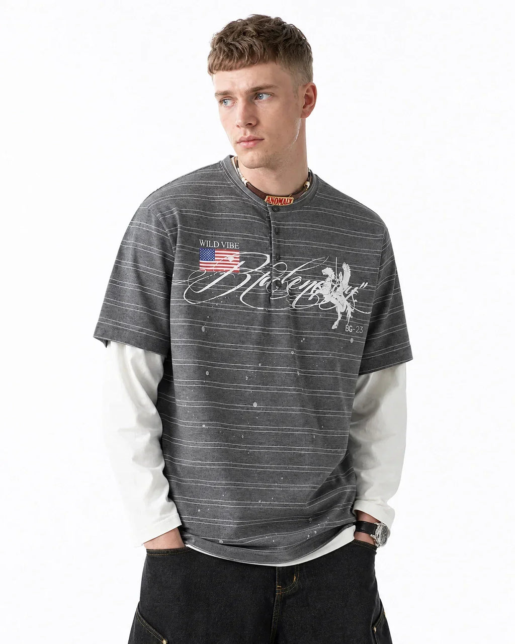 Layered Henley Stripe T-Shirt | Flation Streetwear