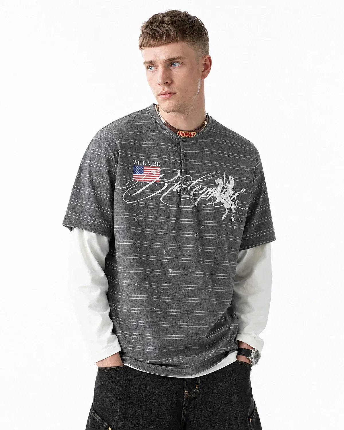 Layered Henley Stripe T-Shirt | Flation Streetwear