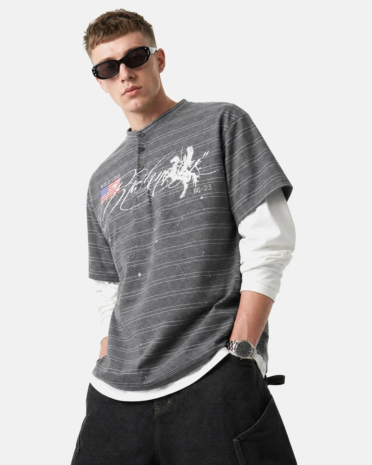 Layered Henley Stripe T-Shirt | Flation Streetwear