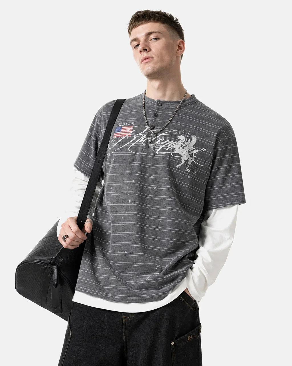 Layered Henley Stripe T-Shirt | Flation Streetwear