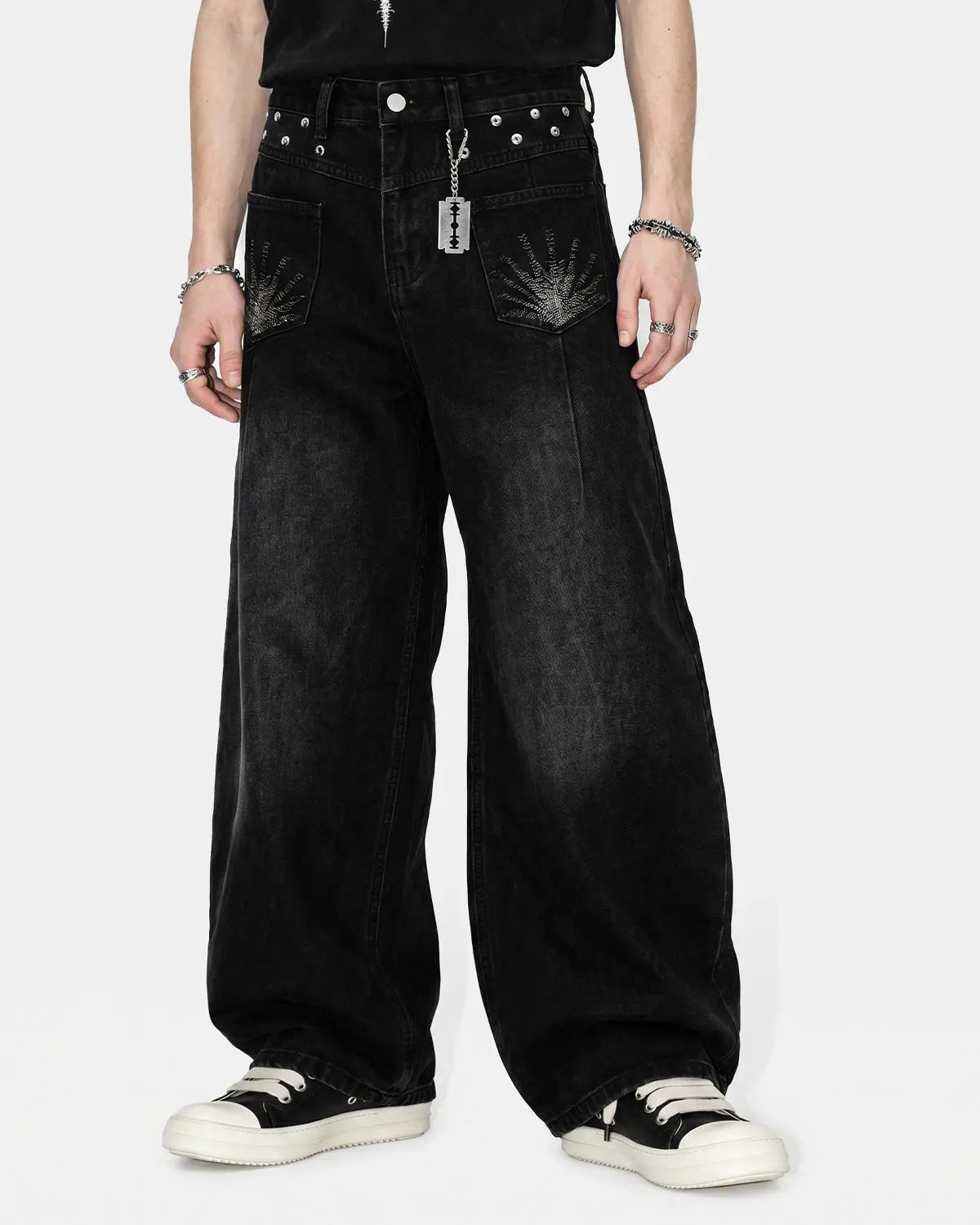 Distressed Eyelet Barrel Jeans | Flation Streetwear