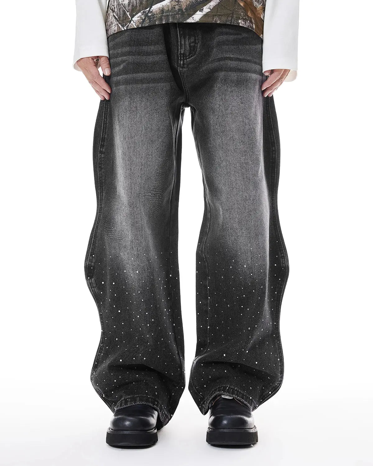 Rhinestone Wavy Baggy Jeans I Flation Streetwear