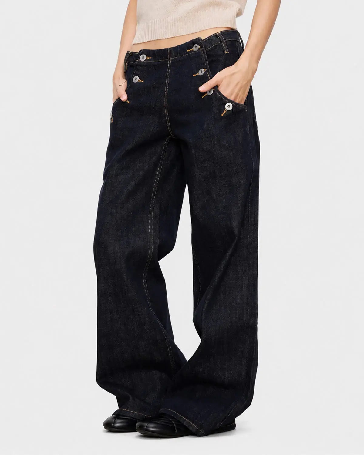 Button Detail Raw Wide-Leg Jeans | Flation Streetwear