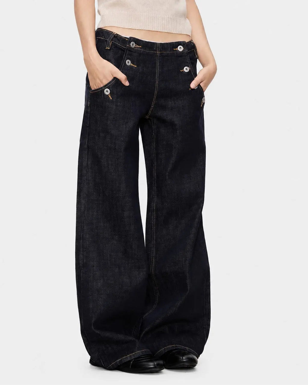 Button Detail Raw Wide-Leg Jeans | Flation Streetwear