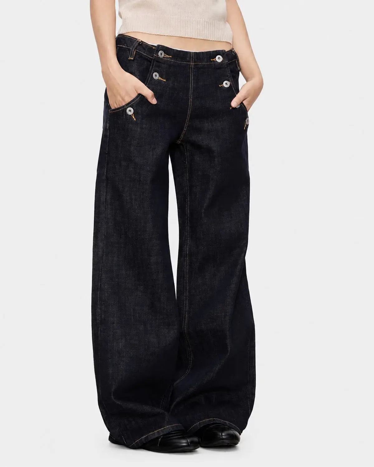 Button Detail Raw Wide-Leg Jeans | Flation Streetwear