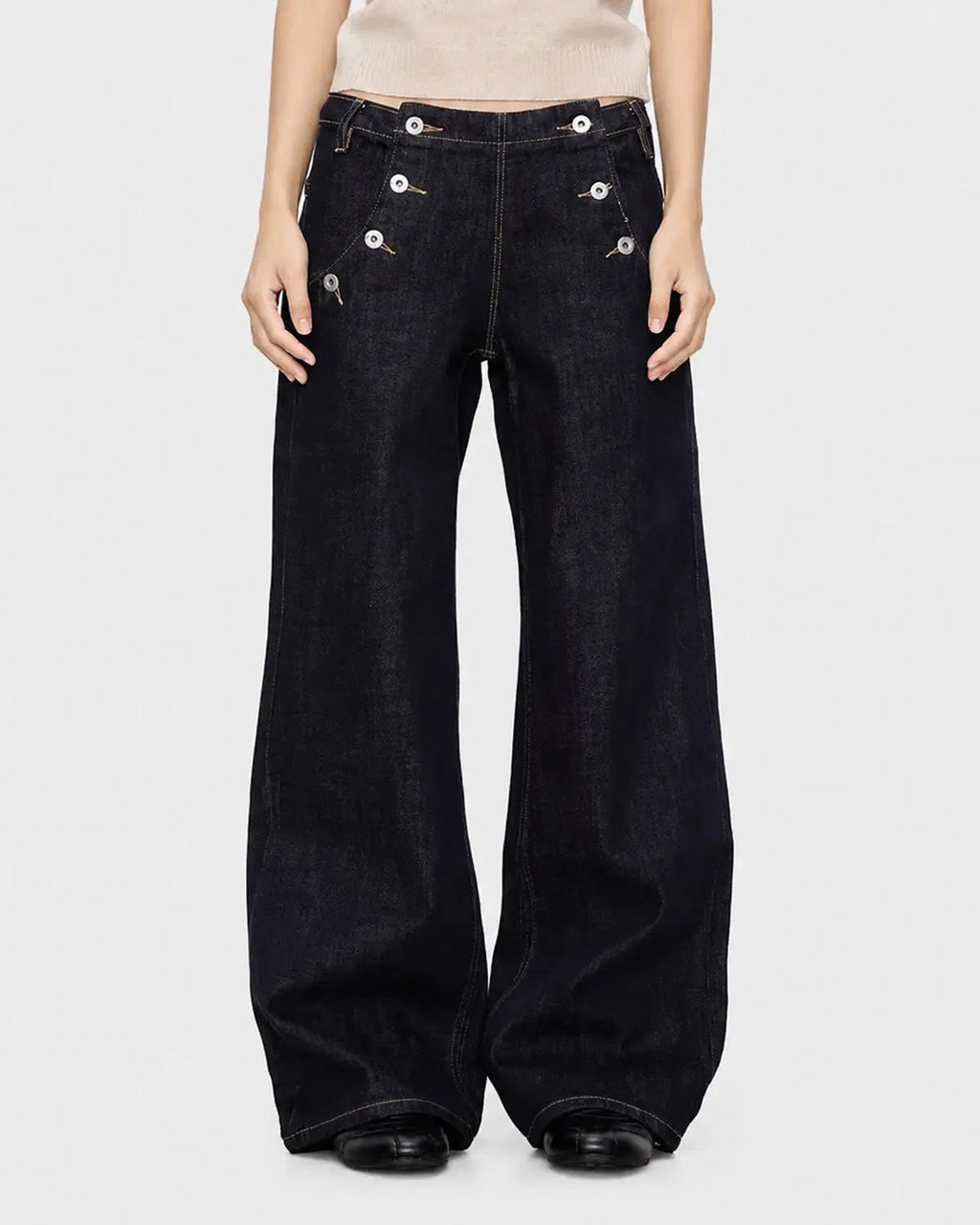 Button Detail Raw Wide-Leg Jeans | Flation Streetwear
