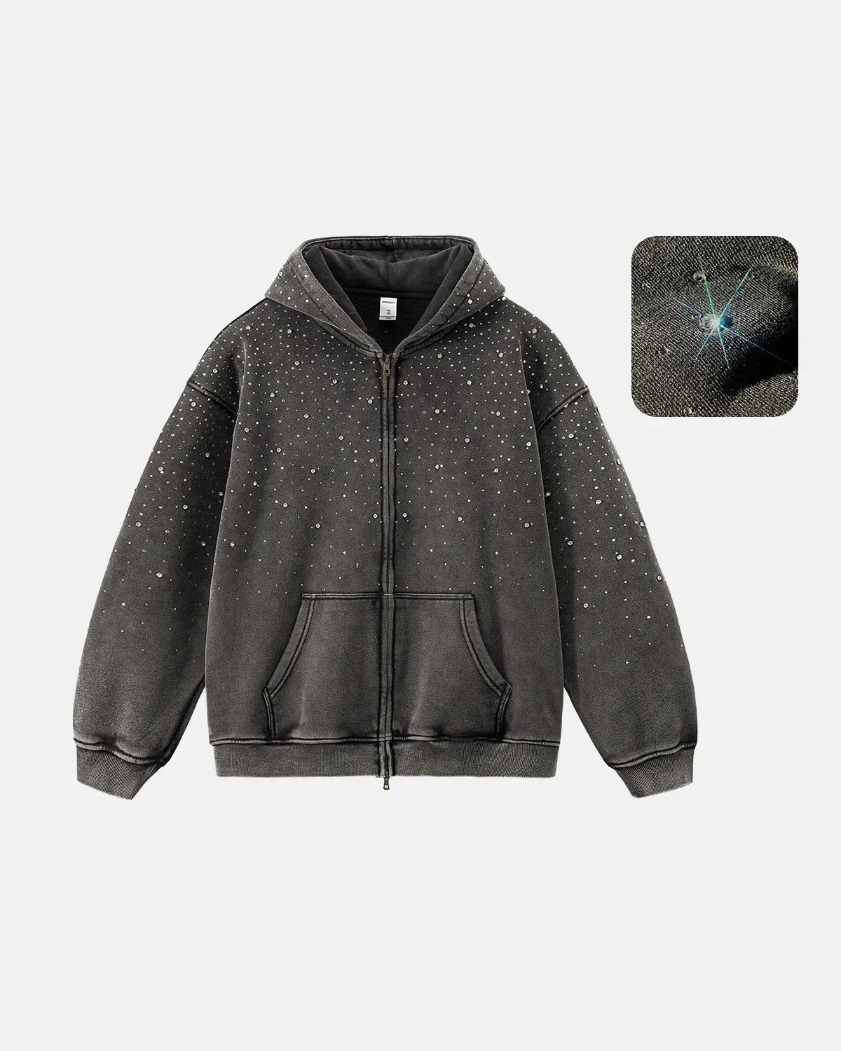 Distressed Washed Fleece Rhinestone Zip Up Hoodies | Flation Streetwear