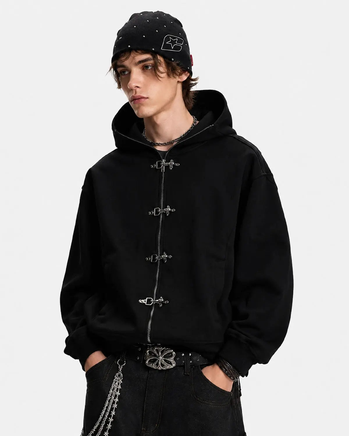 Metal Clasp Boxy Zip Up Hoodie | InflFlation ation Streetwear