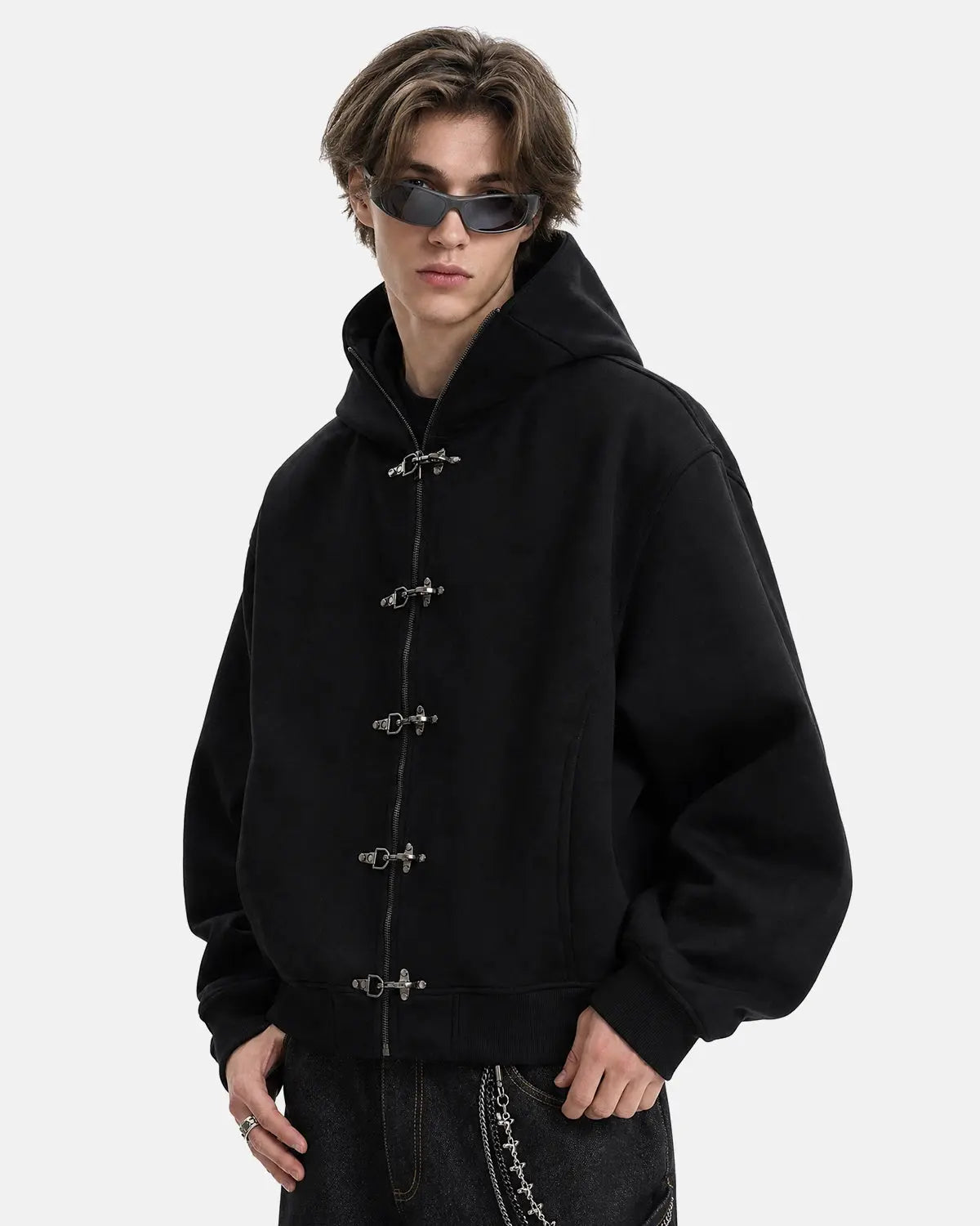 Metal Clasp Boxy Zip Up Hoodie | InflFlation ation Streetwear