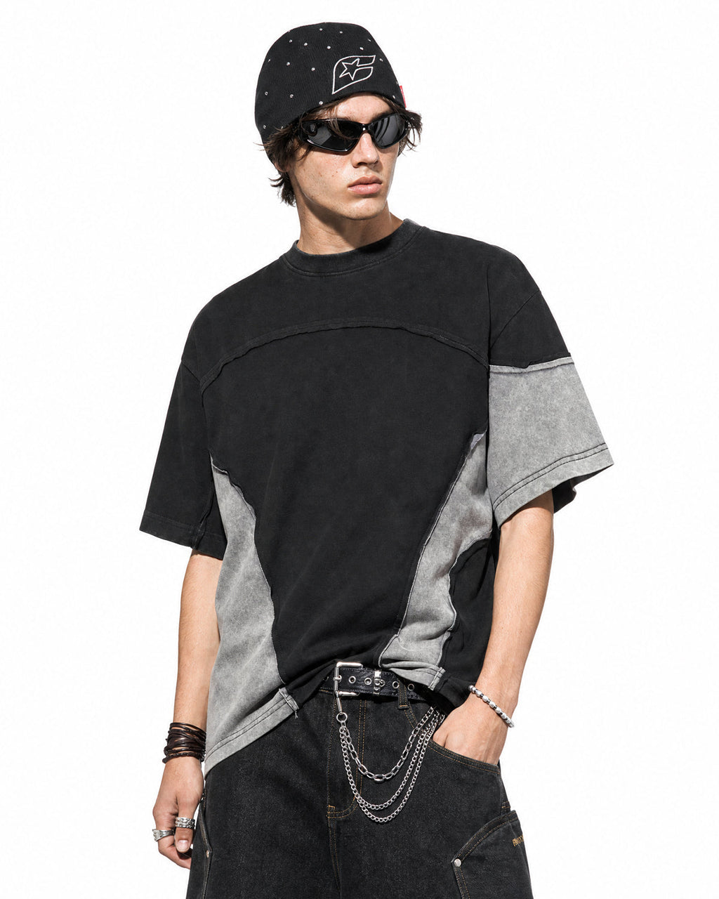 Patchwork Washed Boxy Cropped T-Shirt | Flation Streetwear