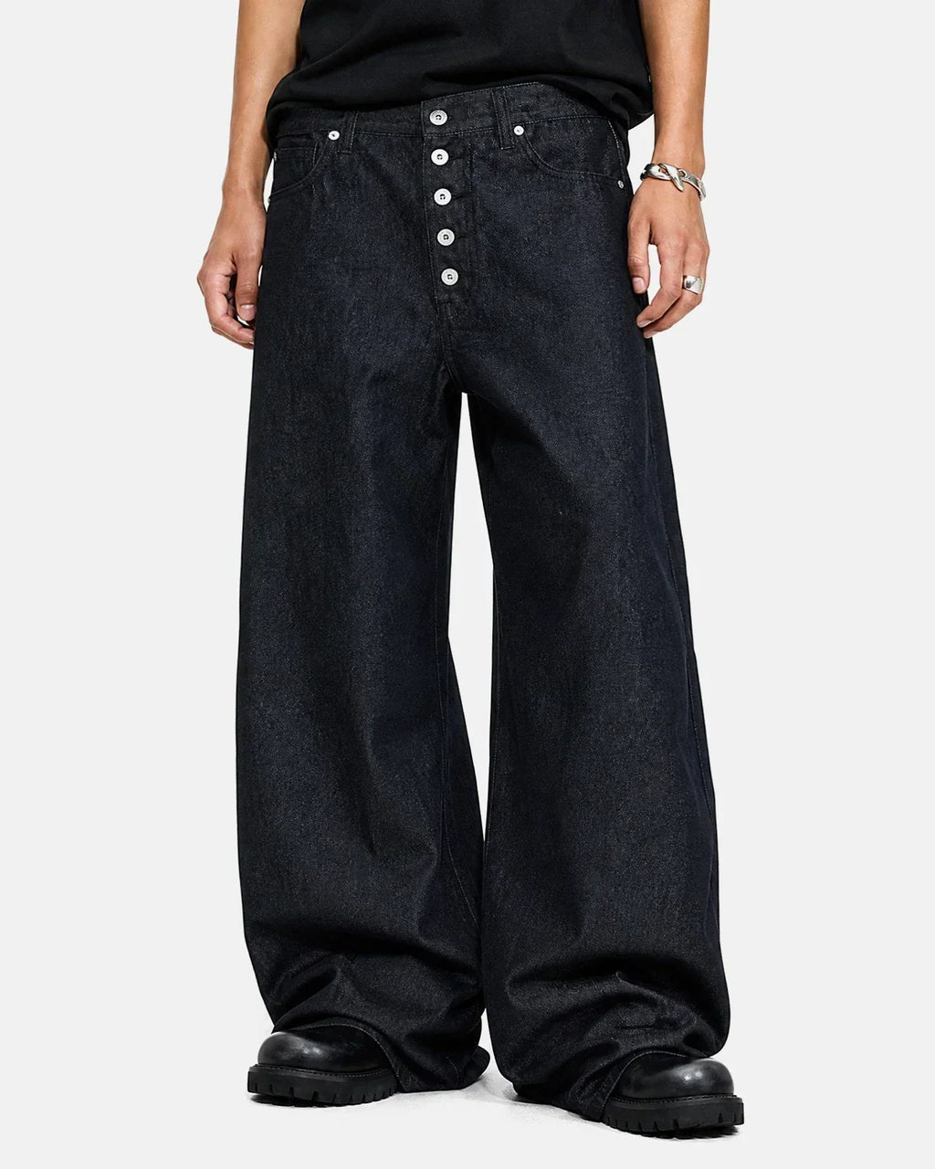 Flation Streetwear Buttons Up Raw Baggy Jeans