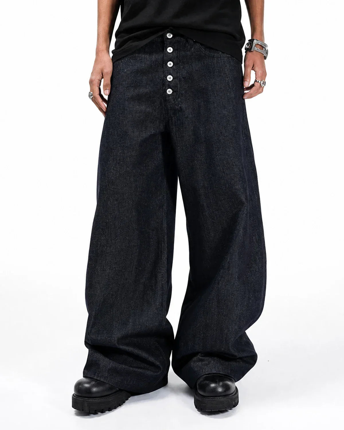 Flation Streetwear Buttons Up Raw Baggy Jeans