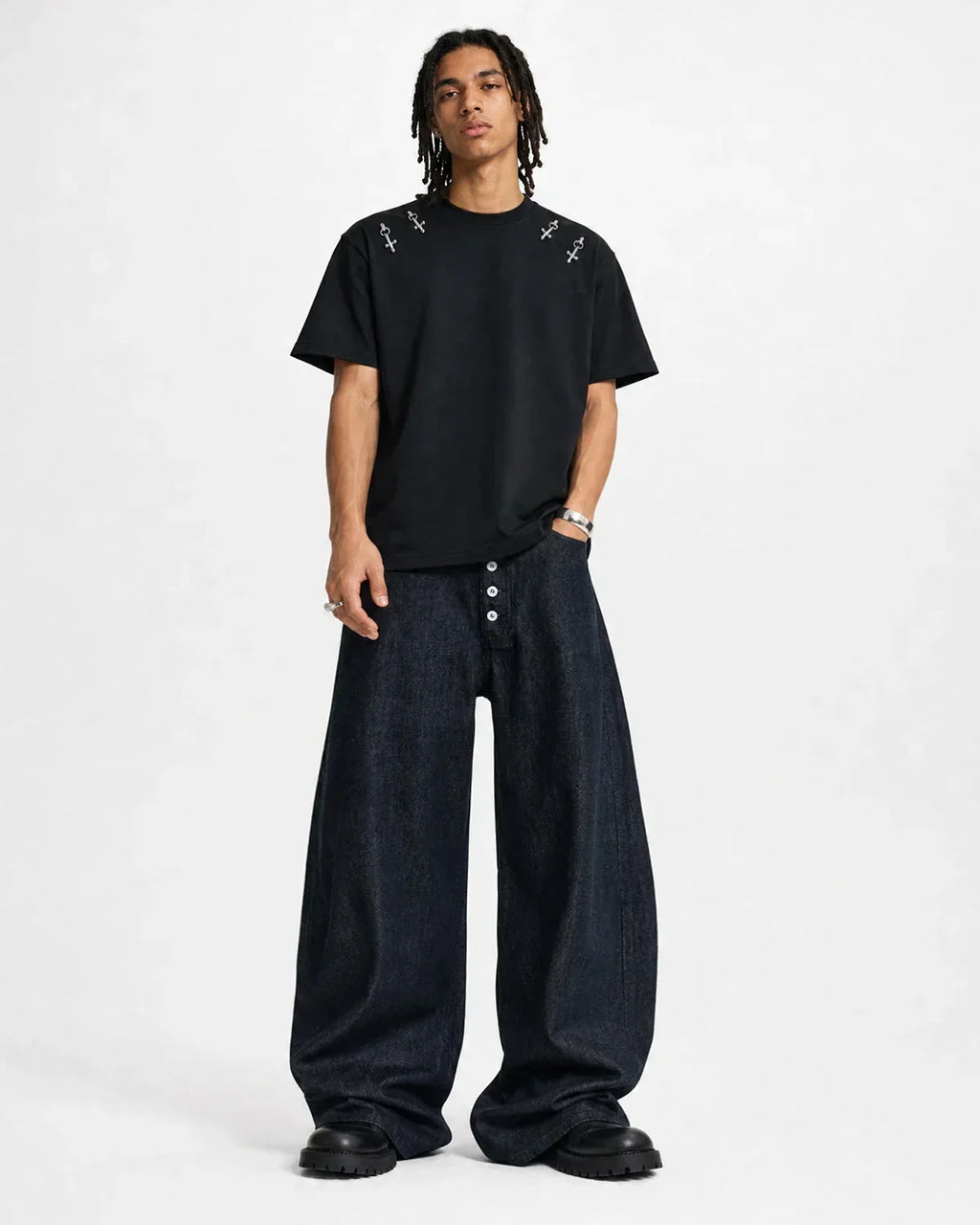 Flation Streetwear Buttons Up Raw Baggy Jeans