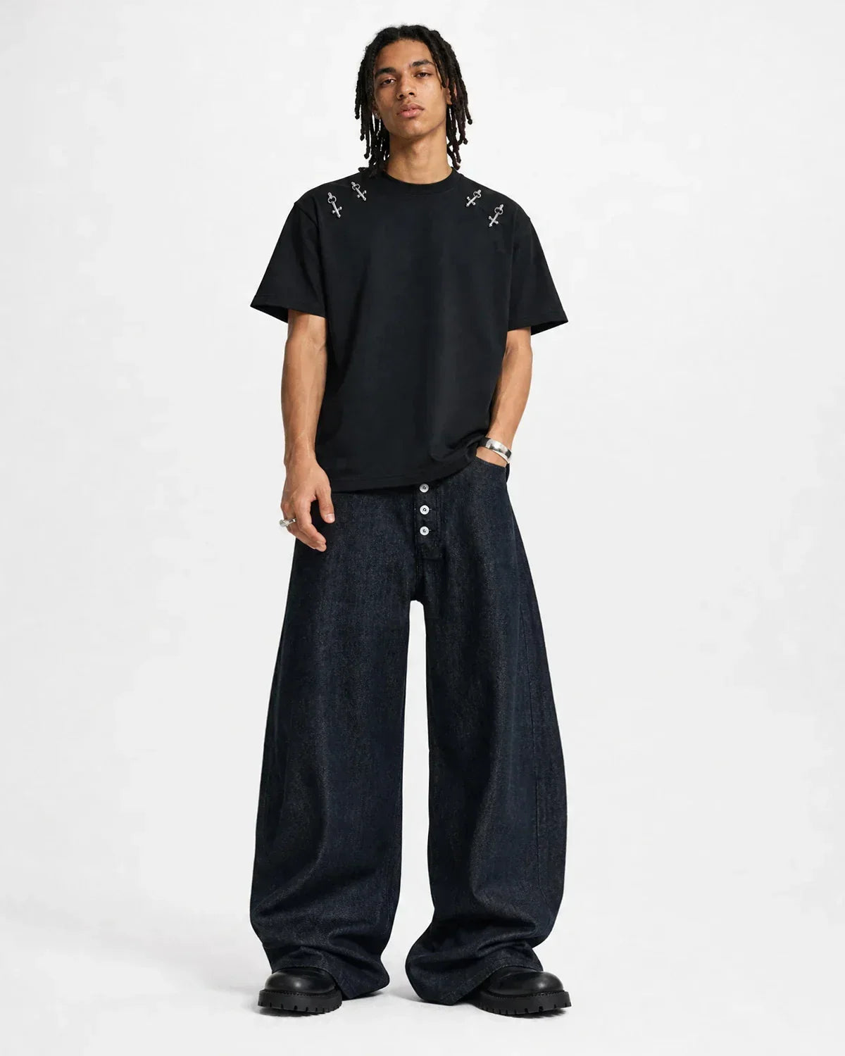 Flation Streetwear Buttons Up Raw Baggy Jeans