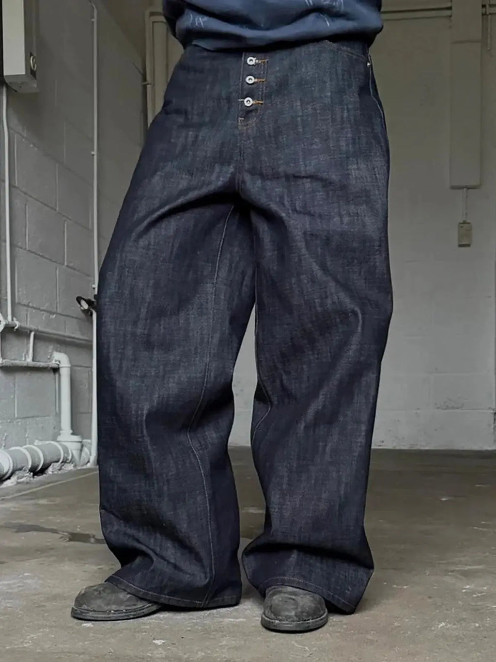 Flation Streetwear Buttons Up Raw Baggy Jeans