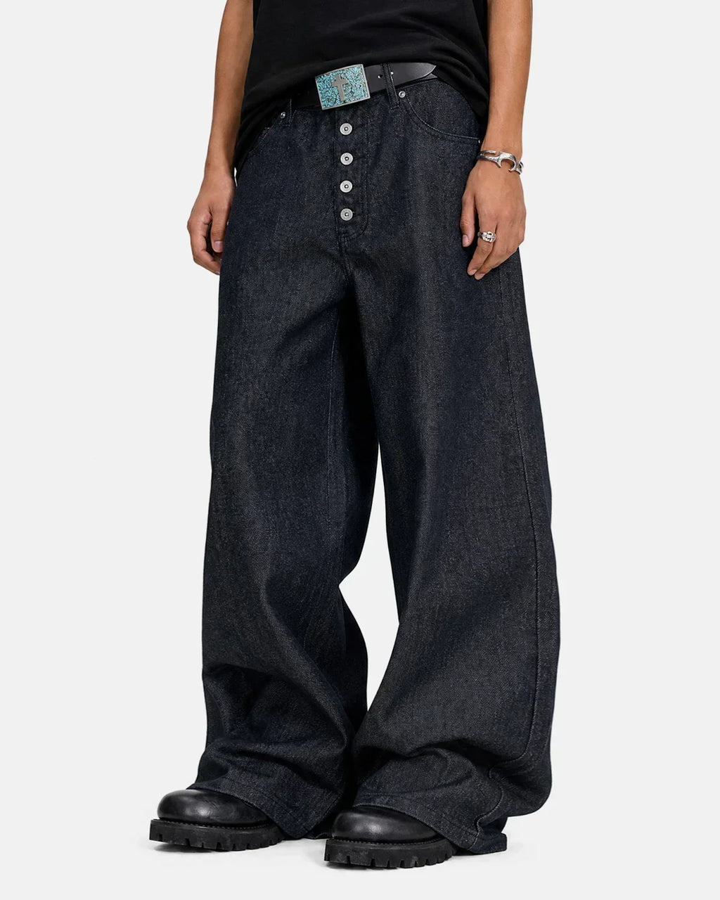 Flation Streetwear Buttons Up Raw Baggy Jeans