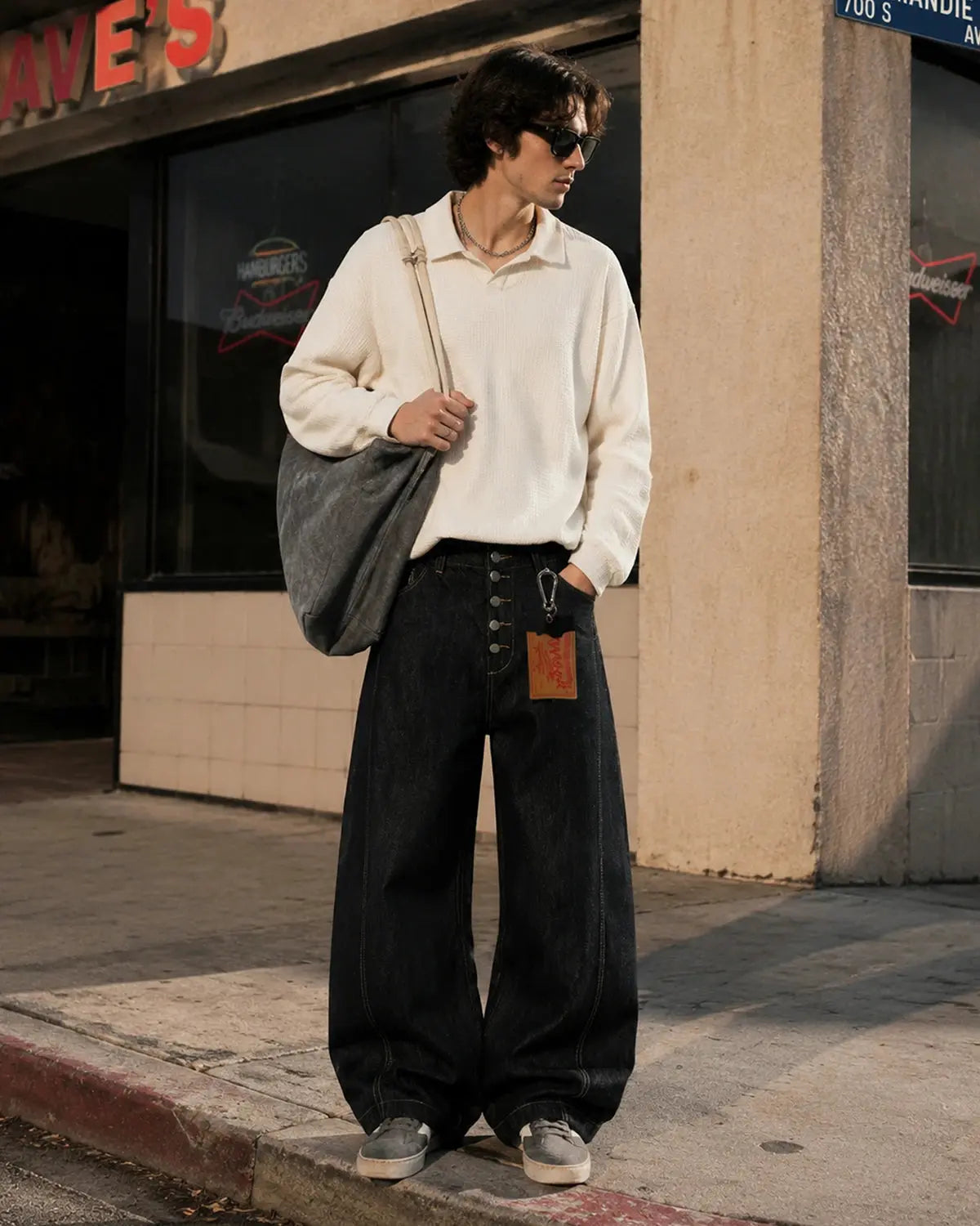 Black Buttons Up Barrel Baggy Jeans | Flation Streetwear