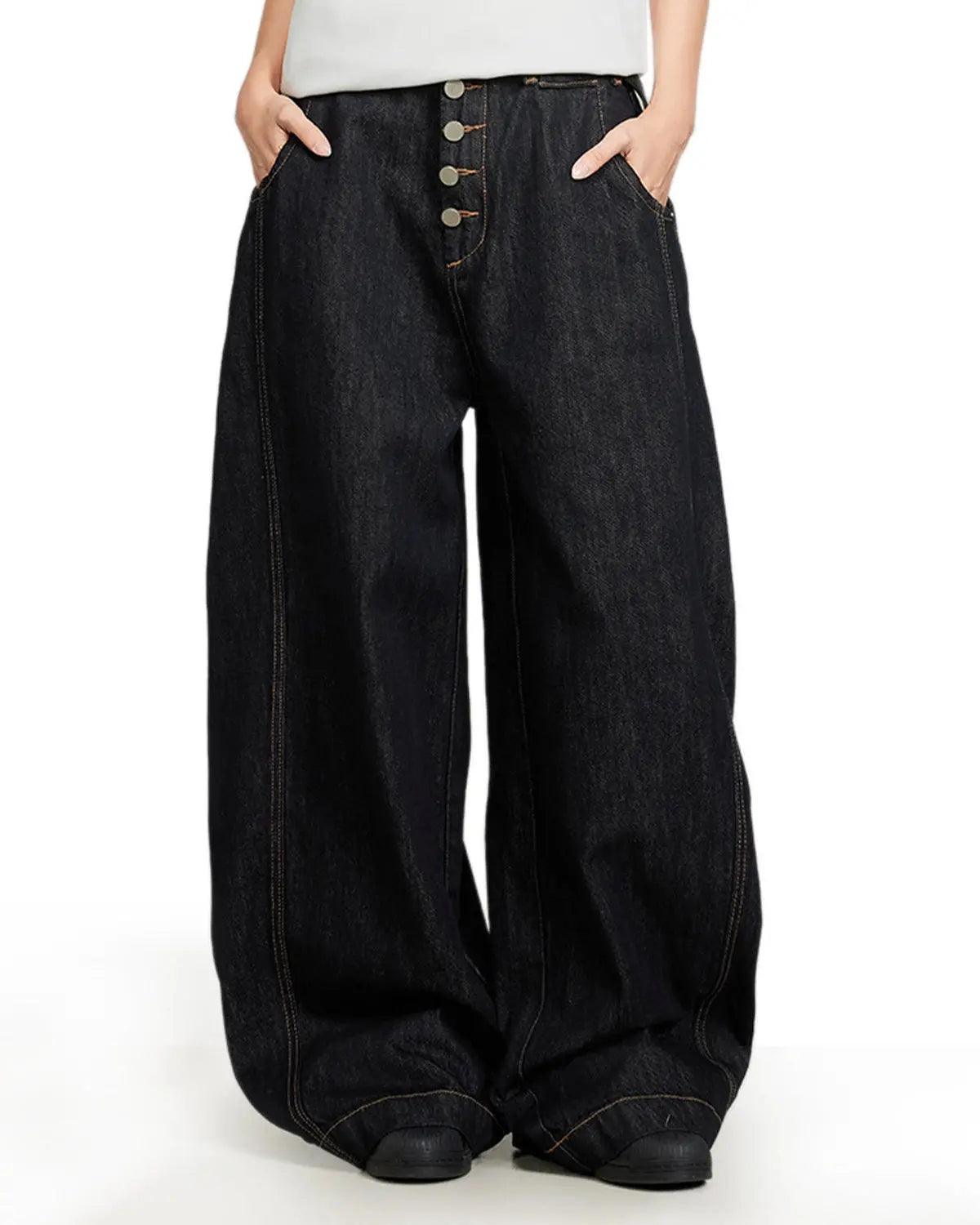 Black Buttons Up Barrel Baggy Jeans | Flation Streetwear