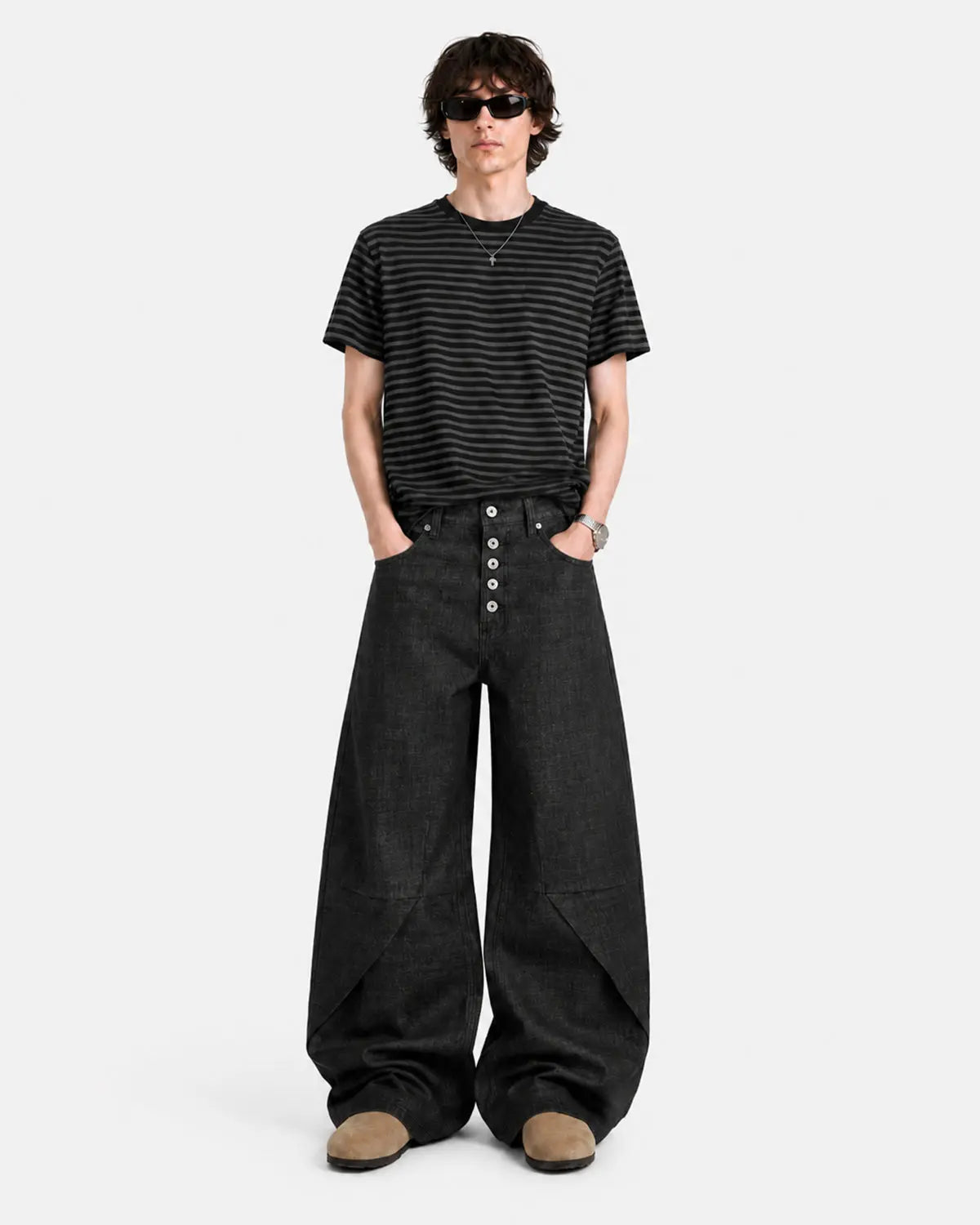 Button Detail Deconstructed Raw Baggy Jeans | Flation Streetwear