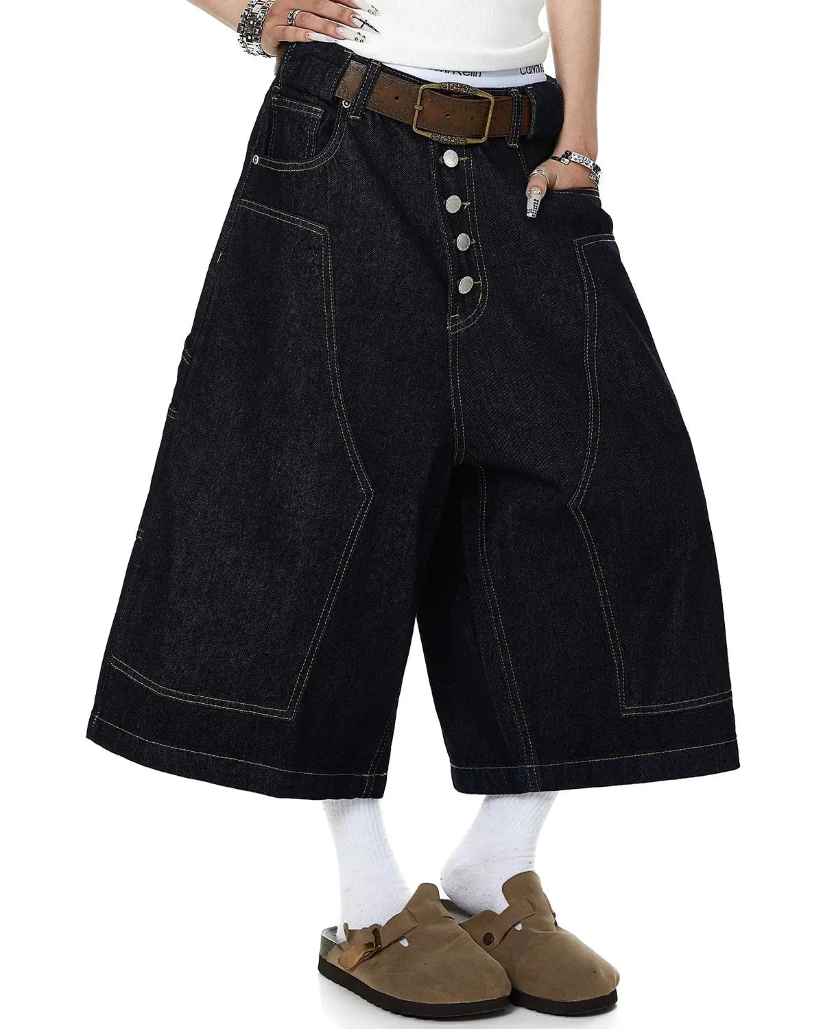 Cinch Back Buttons Up Cargo Jorts | Flation Streetwear
