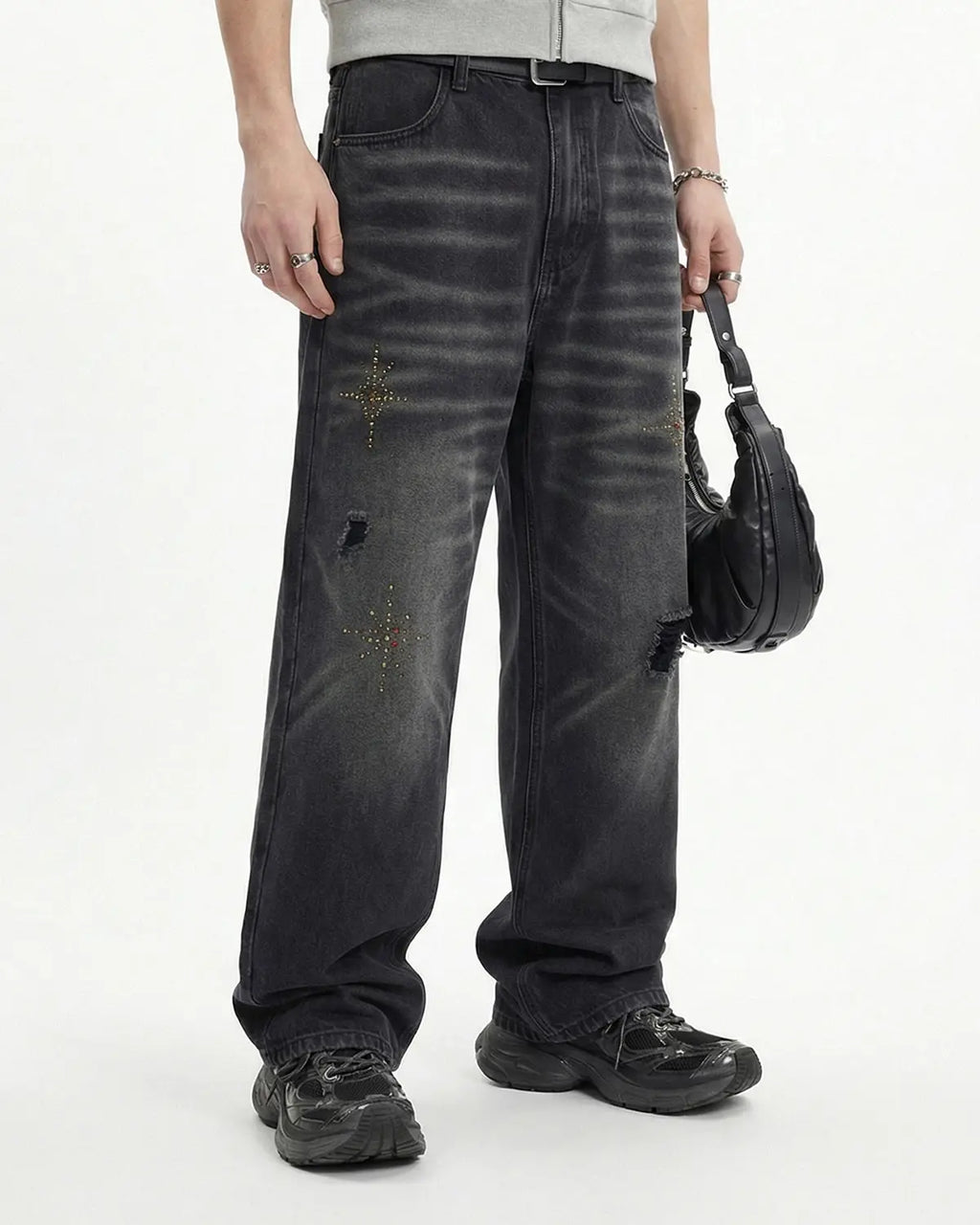 Distressed Rhinestone Ripped Baggy Jeans | Flation Streetwear