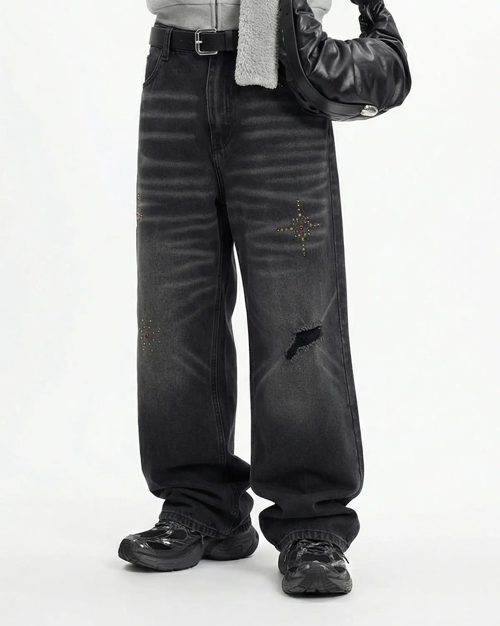 Distressed Rhinestone Ripped Baggy Jeans | Flation Streetwear
