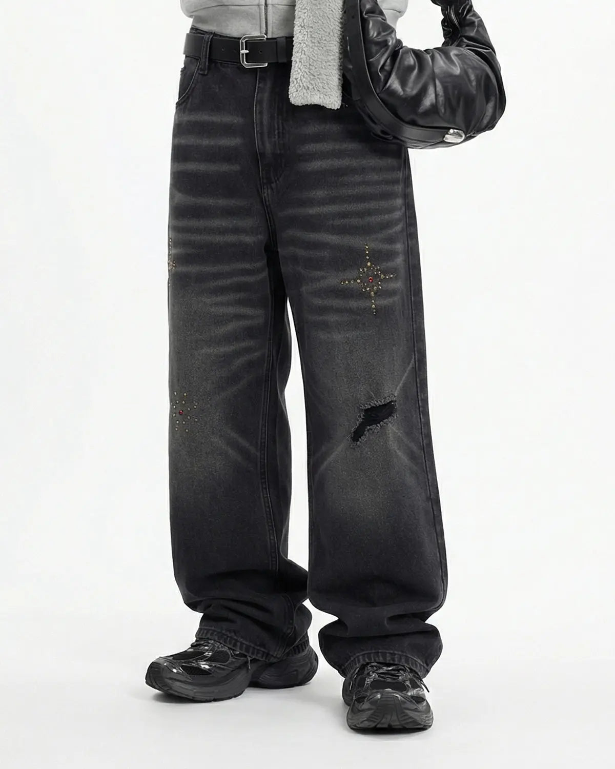 Distressed Rhinestone Ripped Baggy Jeans | Flation Streetwear