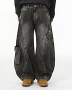 Distressed Washed Cargo Barrel Jeans | Flation Streetwear