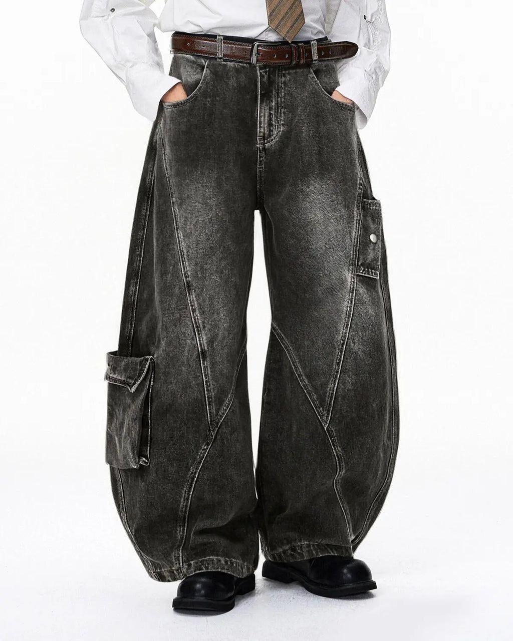 Distressed Washed Cargo Barrel Jeans | Flation Streetwear