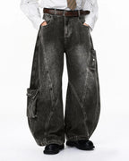 Distressed Washed Cargo Barrel Jeans | Flation Streetwear