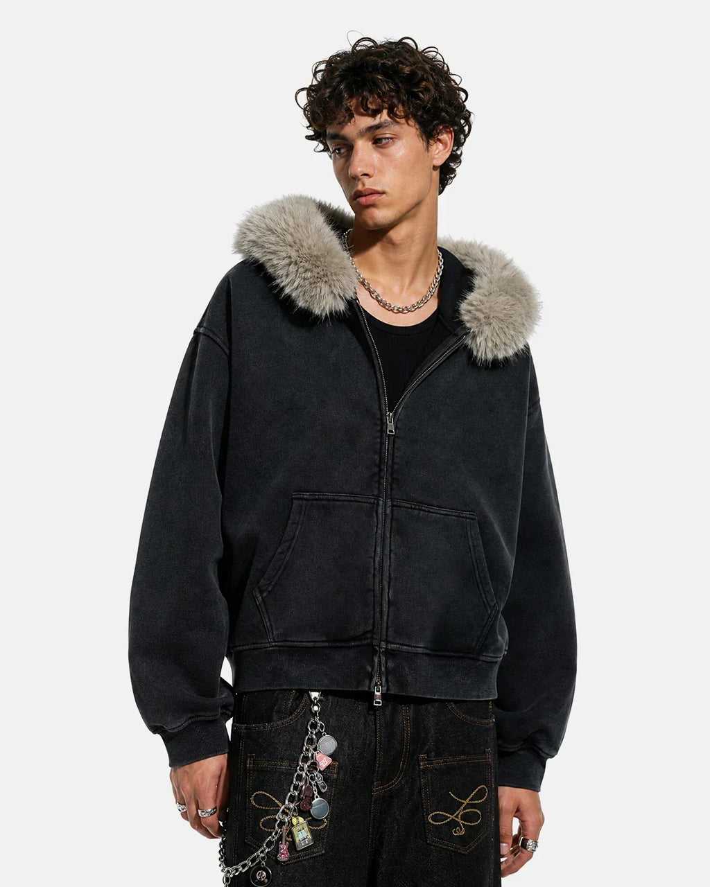 Faux Fur Collar Distressed Zip Up Hoodies | Flation Streetwear