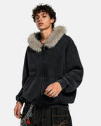 Faux Fur Collar Distressed Zip Up Hoodies | Flation Streetwear