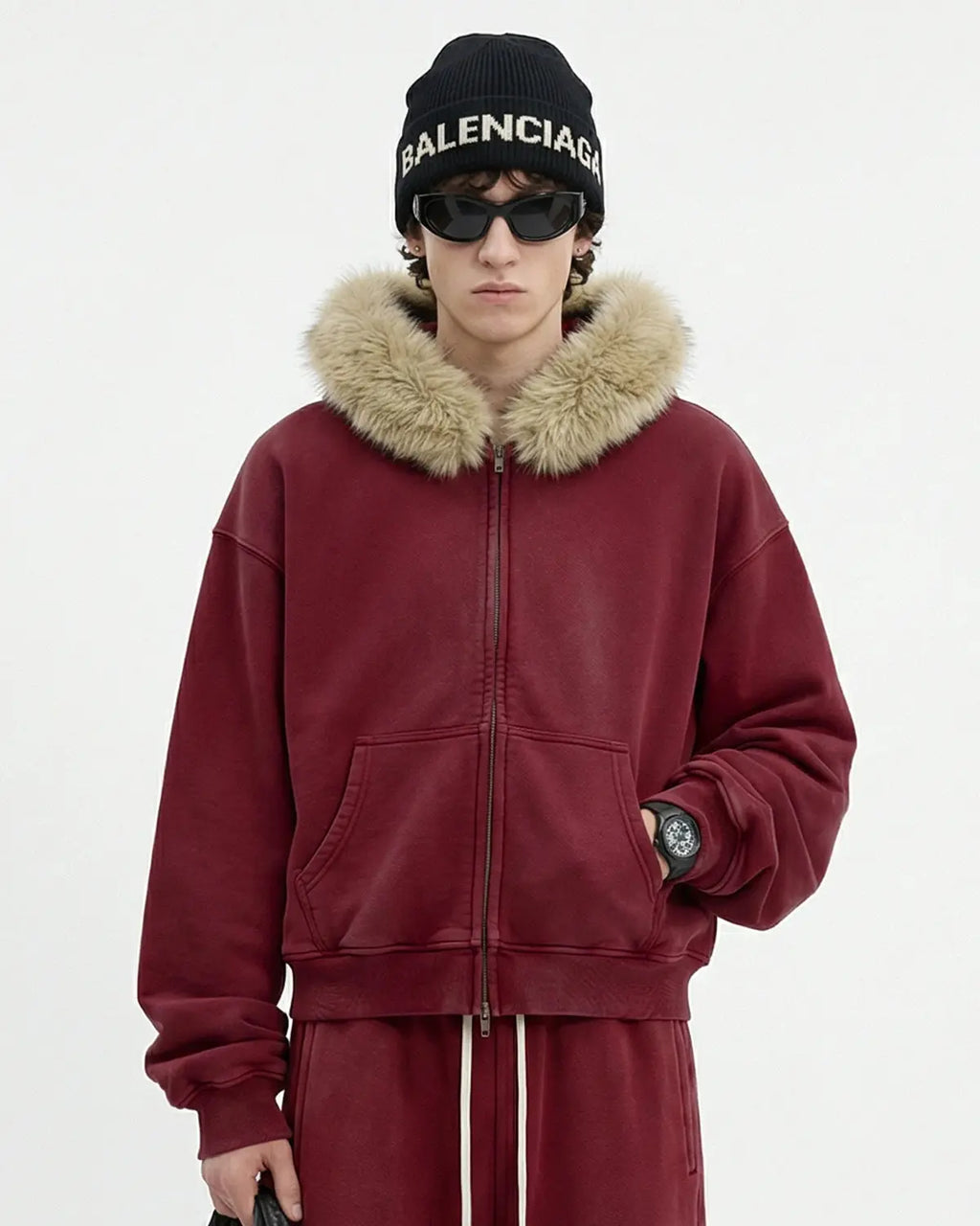 Faux Fur Collar Distressed Zip Up Hoodies | Flation Streetwear