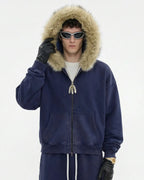 Faux Fur Collar Distressed Zip Up Hoodies | Flation Streetwear