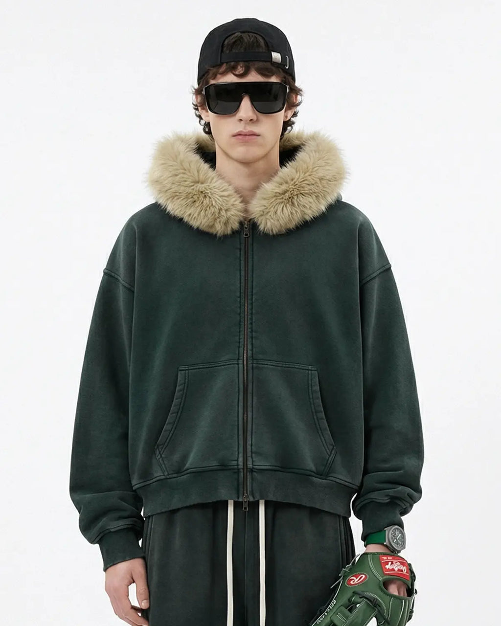 Faux Fur Collar Distressed Zip Up Hoodies | Flation Streetwear