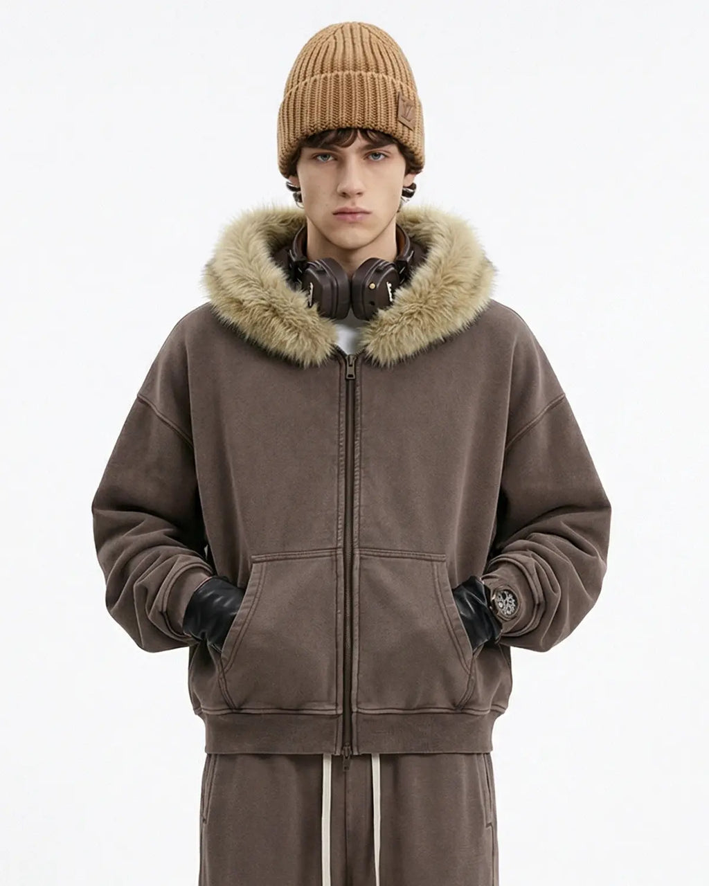 Faux Fur Collar Distressed Zip Up Hoodies | Flation Streetwear