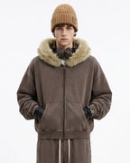 Faux Fur Collar Distressed Zip Up Hoodies | Flation Streetwear