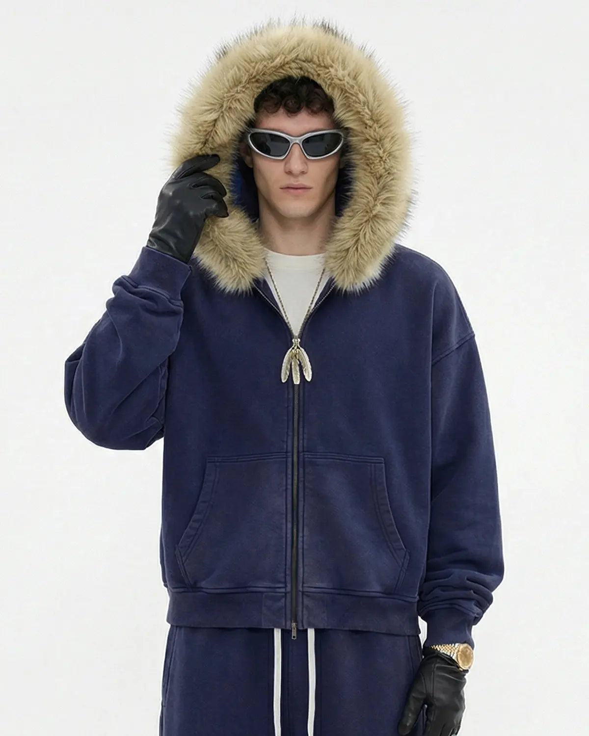 Faux Fur Collar Distressed Zip Up Hoodies | Flation Streetwear