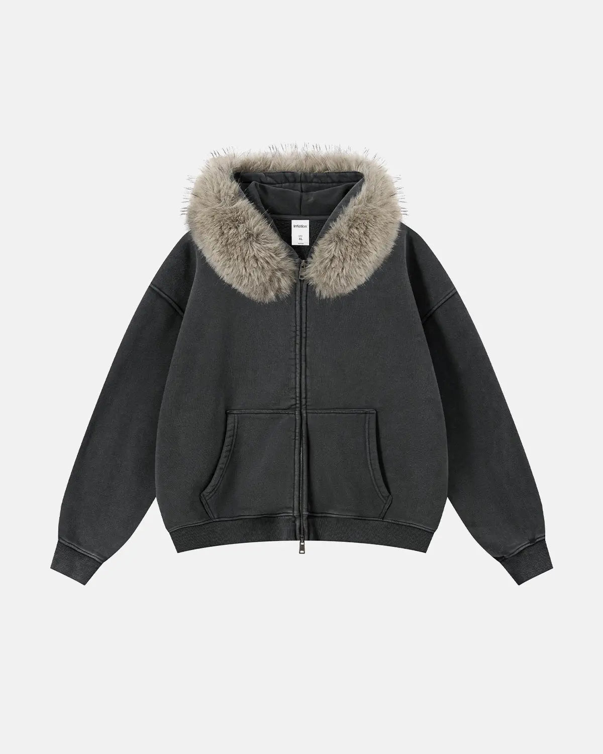 Faux Fur Collar Distressed Zip Up Hoodies | Flation Streetwear