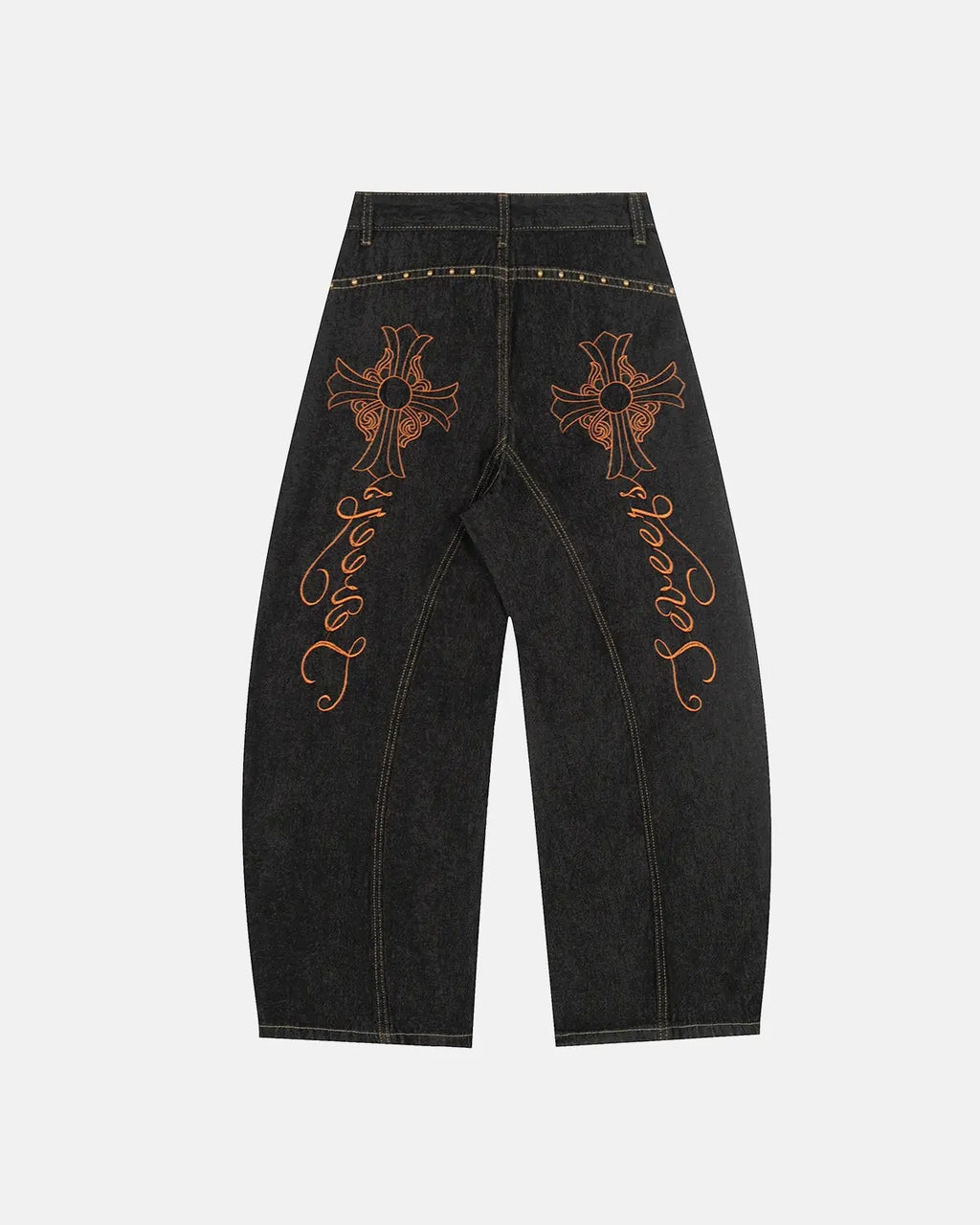 Gothic Cross Embroidery Barrel Jeans | Flation Streetwear