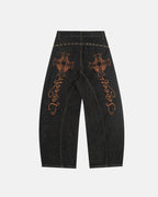 Gothic Cross Embroidery Barrel Jeans | Flation Streetwear