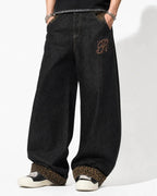 Leopard Patchwork Embroidery Baggy Jeans | Flation Streetwear