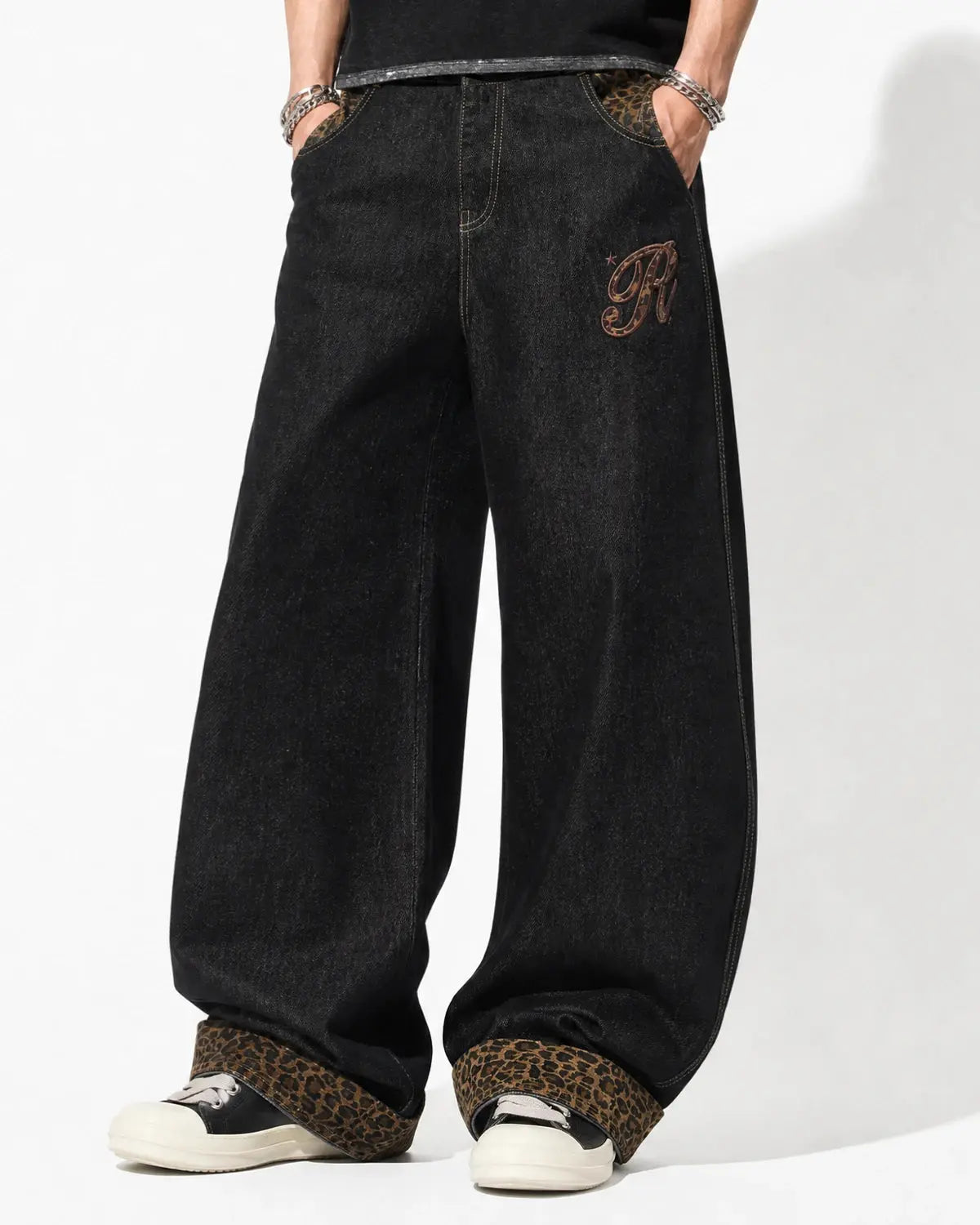 Leopard Patchwork Embroidery Baggy Jeans | Flation Streetwear