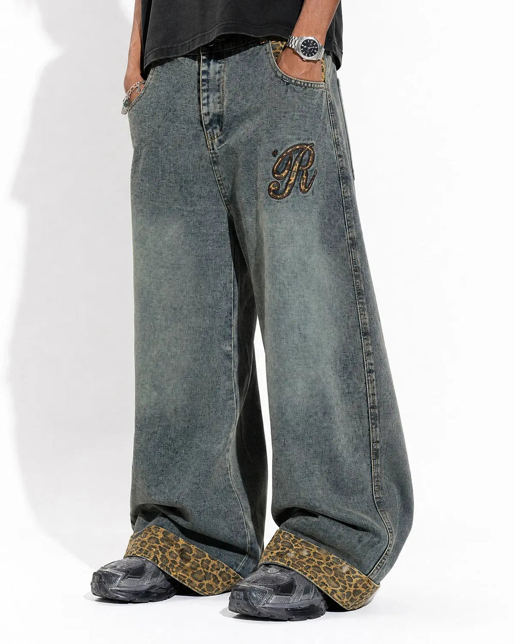 Leopard Patchwork Embroidery Baggy Jeans | Flation Streetwear