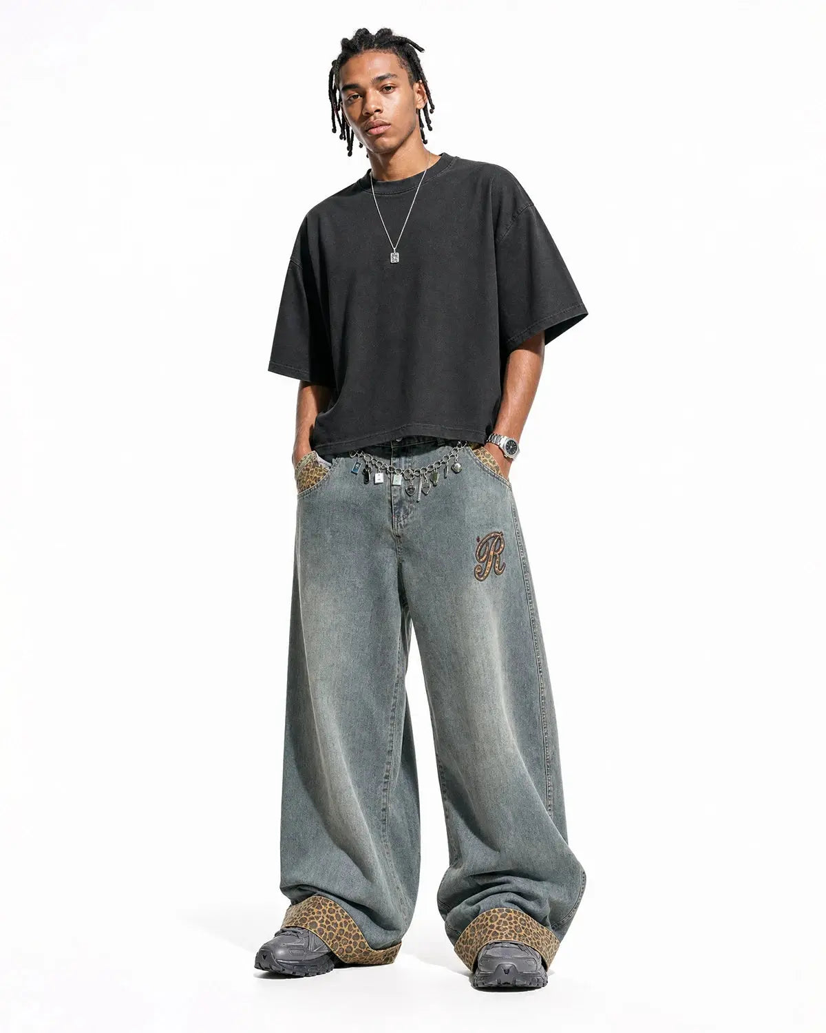 Leopard Patchwork Embroidery Baggy Jeans | Flation Streetwear