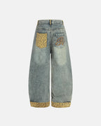 Leopard Patchwork Embroidery Baggy Jeans | Flation Streetwear