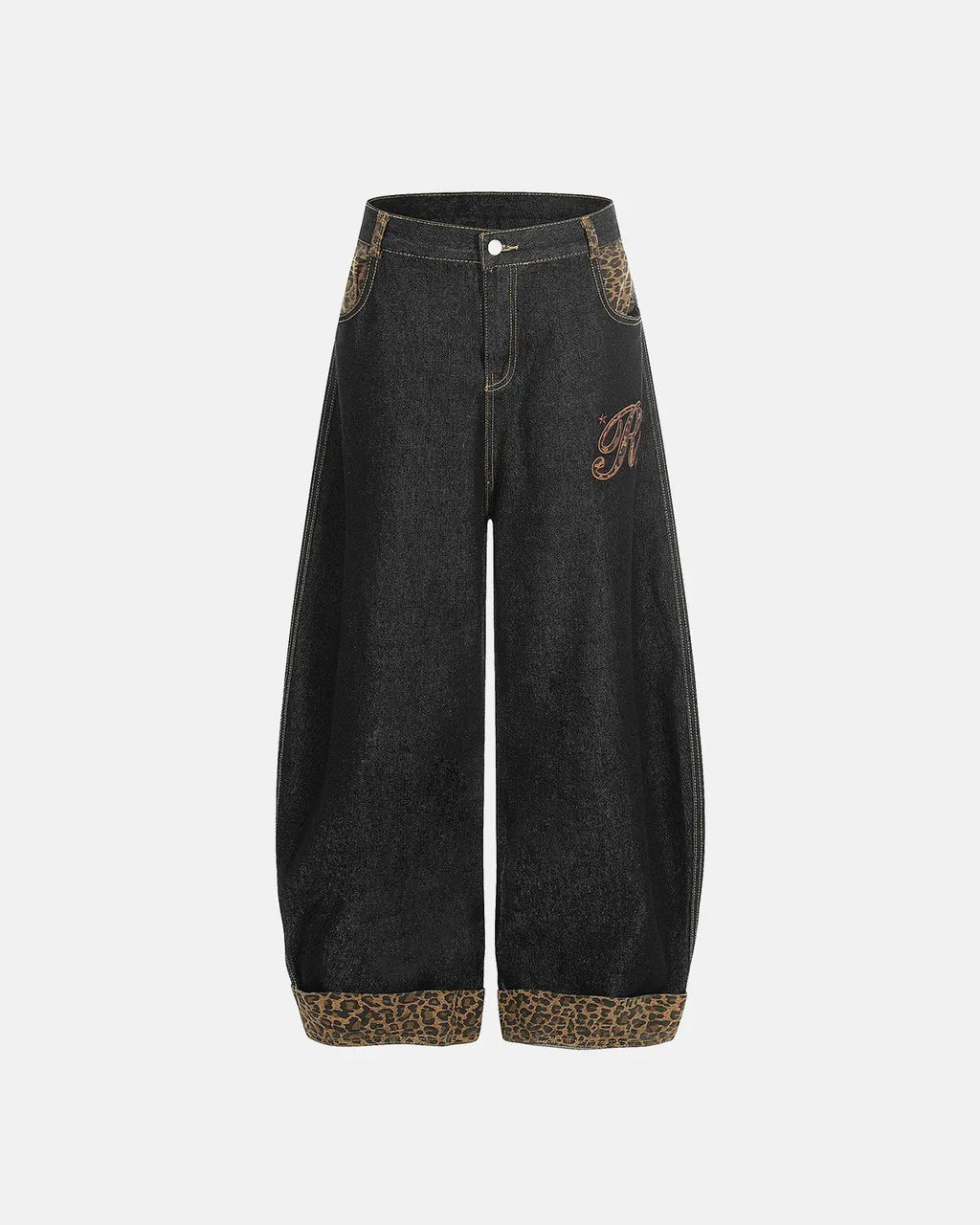 Leopard Patchwork Embroidery Baggy Jeans | Flation Streetwear