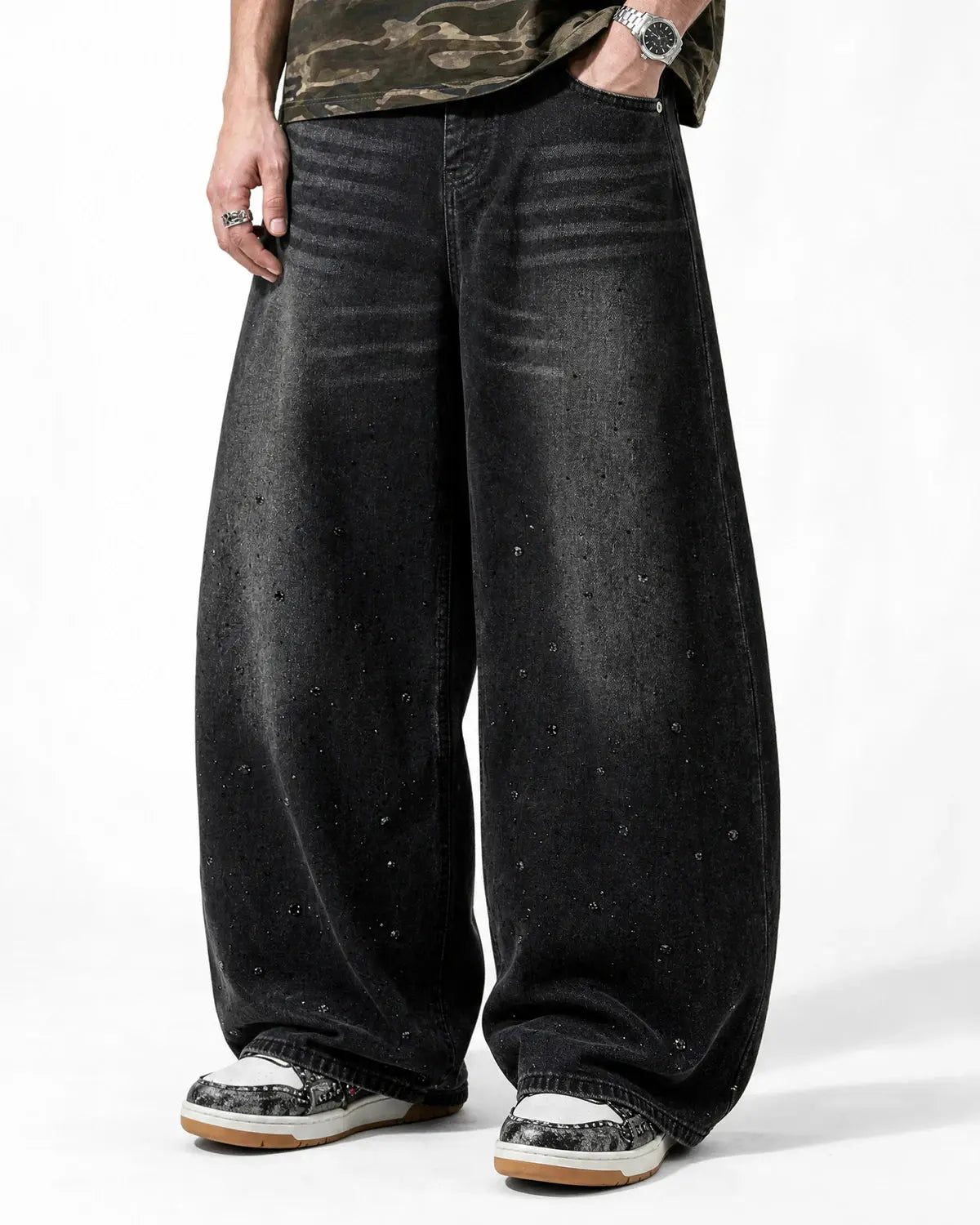 Vintage Washed Rhinestone Barrel Jeans | Flation Streetwear