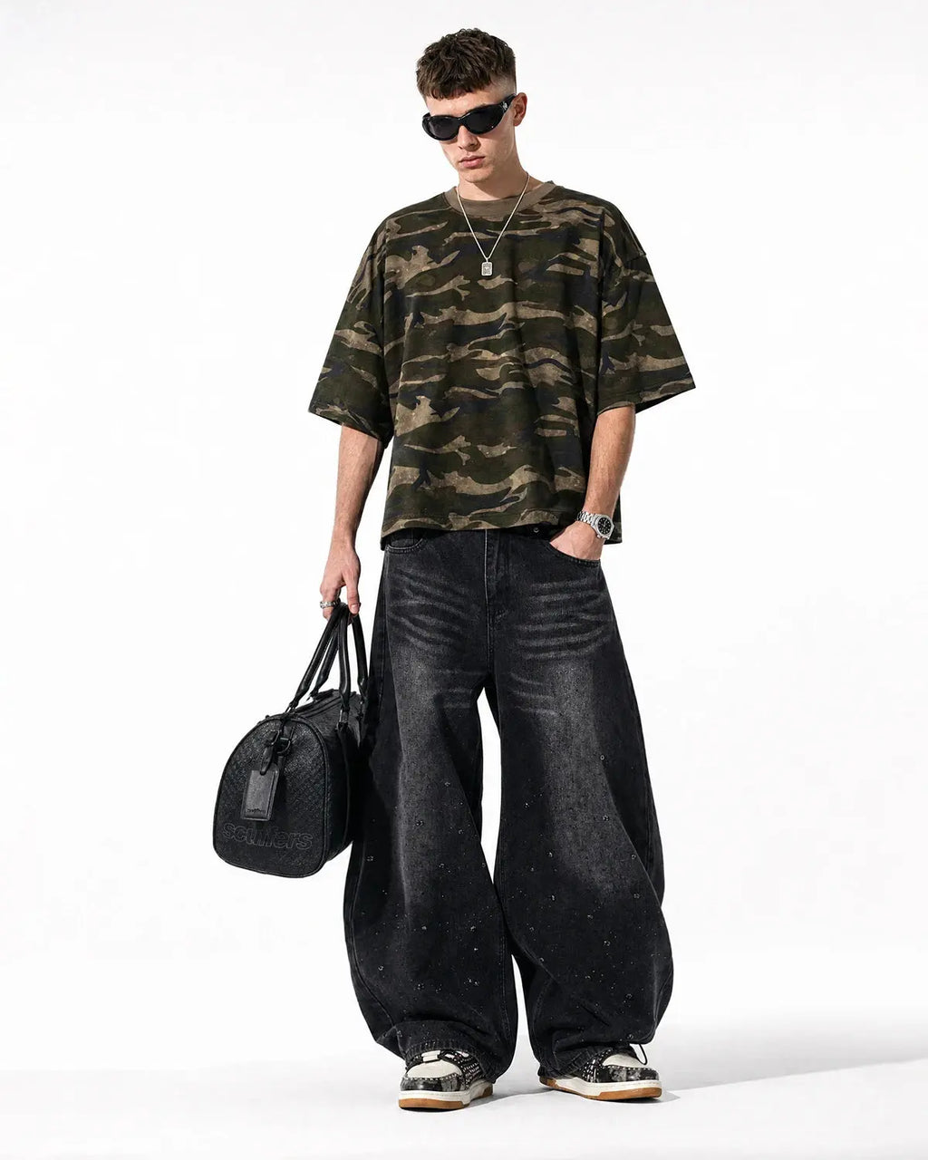 Vintage Washed Rhinestone Barrel Jeans | Flation Streetwear